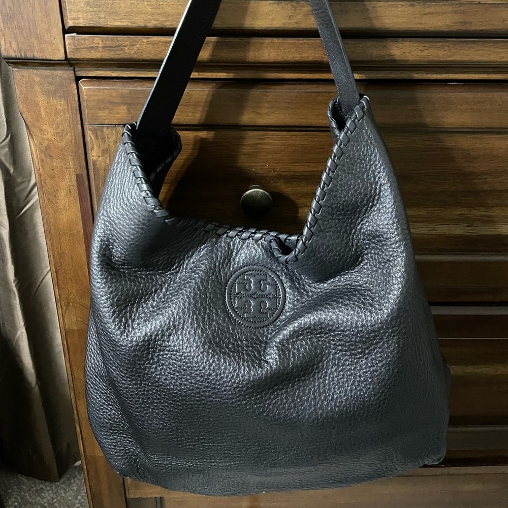 Tory Burch black pebbled leather hobo bag